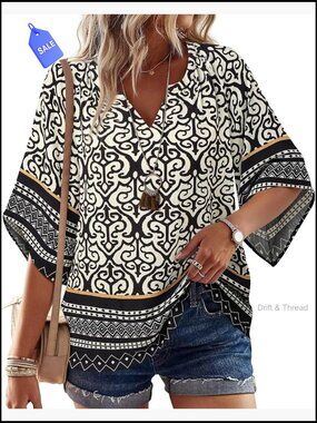 3/4 Sleeve V Neck Bohemian Peasant Blouse Loose Fit Tunic Top